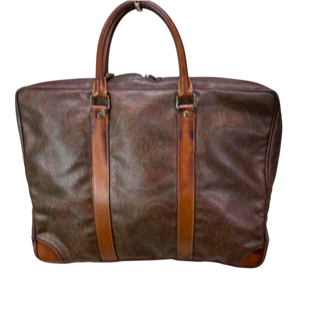Etro Milano Vintage Paisley Coated Canvas Leather Briefcase Made‎ in Italy Brown